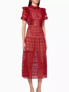 Red Self Portrait Heart Lace Midi Dress with Scalloped Details